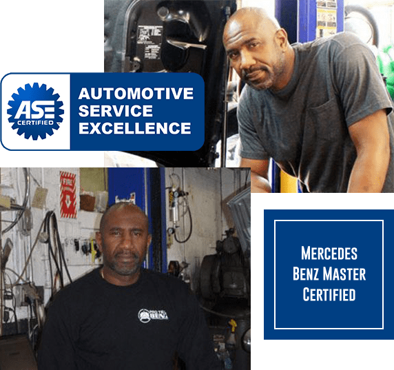 ASE Certified Logo, a mechanic in an auto repair shop, Mercedes Benz Master Certified